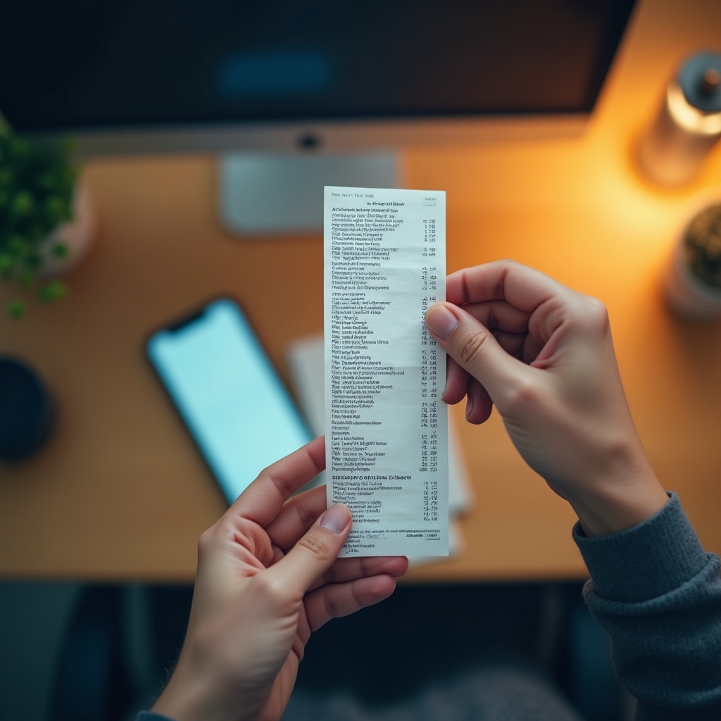 Bon fiscal lung analizat cu atenție pe un birou de lucru