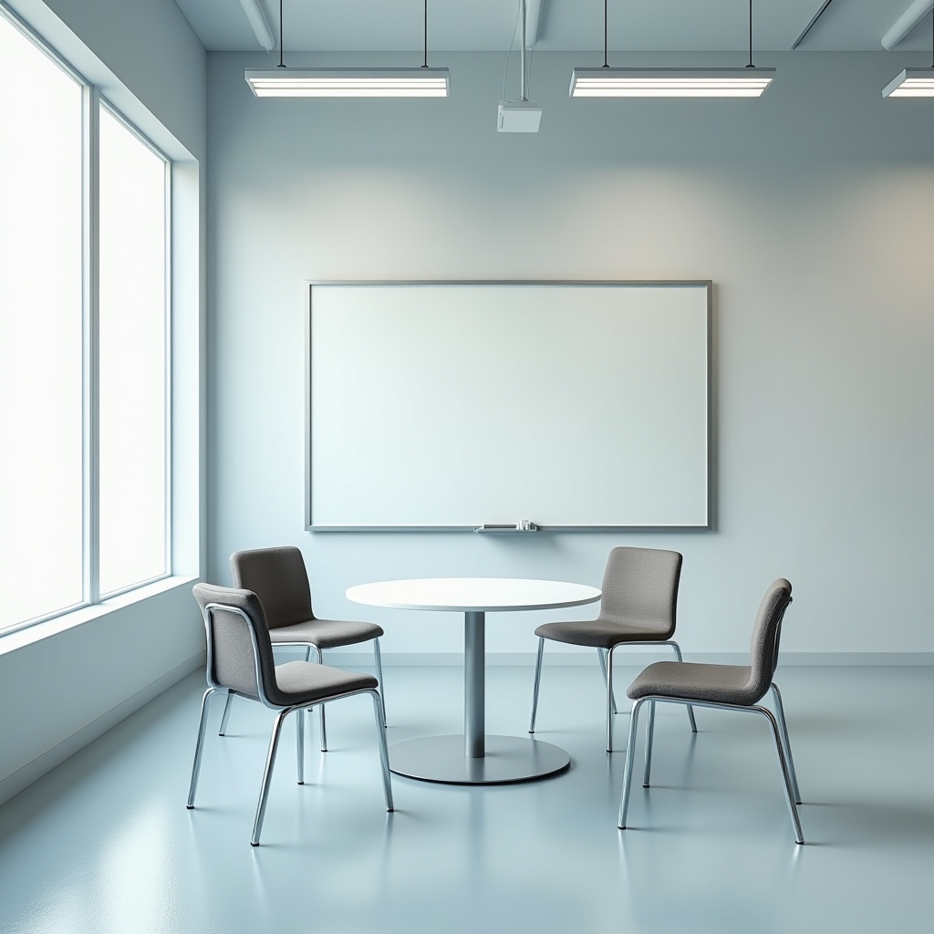 Cameră de discuții simplă, cu scaune și o tablă albă pregătită pentru o sesiune educațională